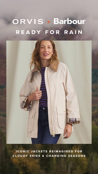 An image ad featuring a collaboration between Orvis and Barbour showcasing reimagined iconic jackets designed for cloudy