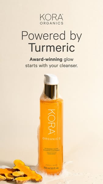 This ad showcases Kora Organics' Turmeric Glow Foaming Cleanser, emphasizing its award-winning glow and the power of