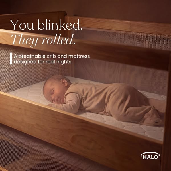 This ad for Halo features a baby sleeping in a breathable crib and mattress. The ad targets new parents and emphasizes s