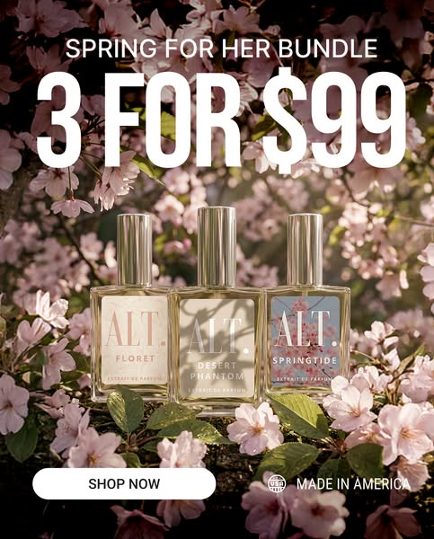 This image ad promotes a 'Spring For Her Bundle' of three ALT. fragrances for $99. The ad features a close-up sh