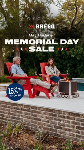 This ad for Breeo features a couple relaxing by a fire pit in red Adirondack chairs. The ad promotes a Memorial Day sale