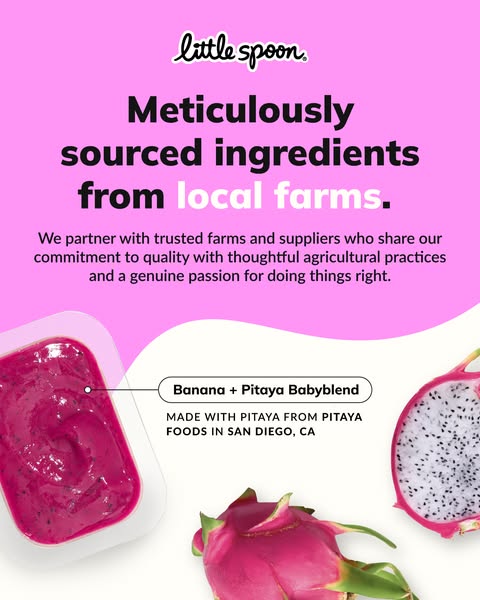 This image ad for Little Spoon features a container of their Banana + Pitaya Babyblend, emphasizing the use of meticulou