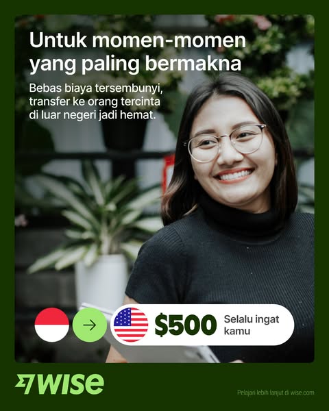 This image ad for Wise promotes its international money transfer services. It features a smiling woman and highlights th