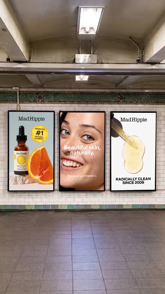 This ad showcases Mad Hippie's brand and their Vitamin C product through a series of three billboard-style ads. The 
