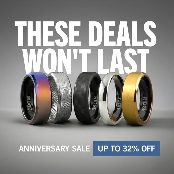 This image ad for Ridge advertises an anniversary sale with up to 32% off of their rings. A variety of the rings are fea