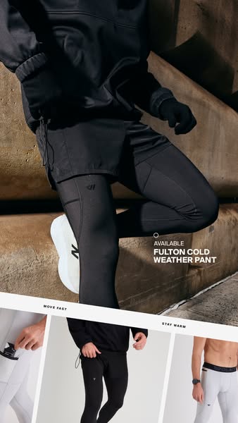 The ad showcases cold weather pants by highlighting their features such as staying warm and allowing movement, presented