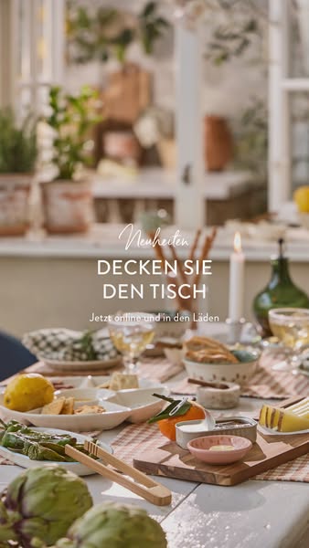 This ad for home and dining products features a well-set table with various dishes and food items, emphasizing the fresh