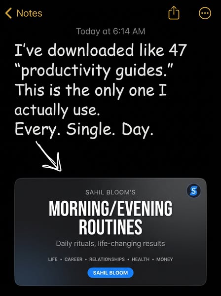 The ad is a screenshot of a note where someone says that they have downloaded a lot of productivity guides, but Sahil Bl