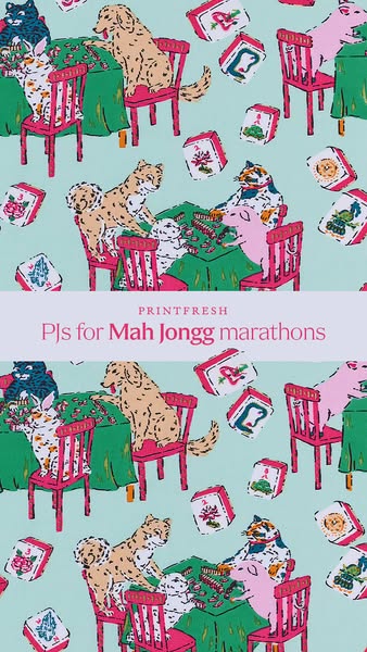 This image ad features a repeating print design of cats, dogs, and pigs playing Mah Jongg on a light blue background. Th