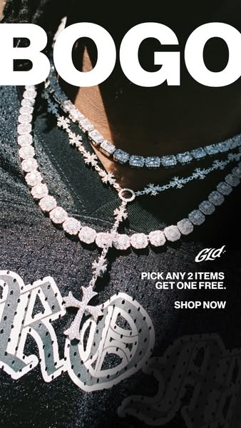 This image ad promotes GLD jewelry with a BOGO offer. It shows a close-up of a person wearing layered diamond necklaces 