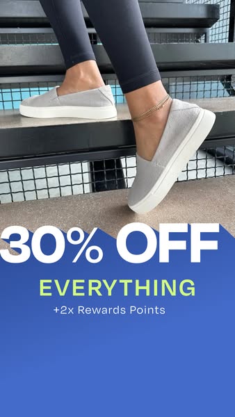This image ad features a pair of light grey slip-on sneakers, showcasing an offer for 30% off everything plus 2x rewards