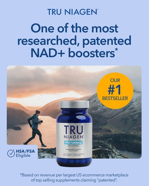 This ad is for Tru Niagen Pro 1,000mg NAD+ boosters. It highlights that it is one of the most researched and patented NA