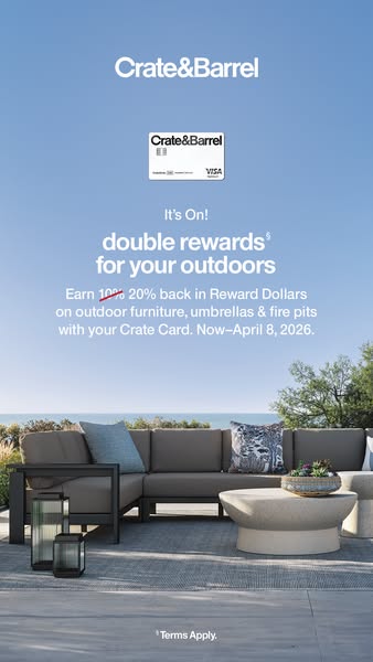 This ad promotes the Crate and Barrel credit card, highlighting a limited-time offer to earn 20% back in reward dollars 