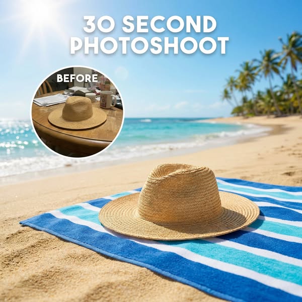 This ad showcases the transformative effect of a '30 Second Photoshoot'. It presents a split visual contrasting 