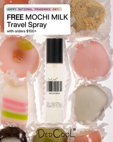 The ad showcases DedCool's Mochi Milk Travel Spray, highlighting an offer of a free travel spray with orders over $1