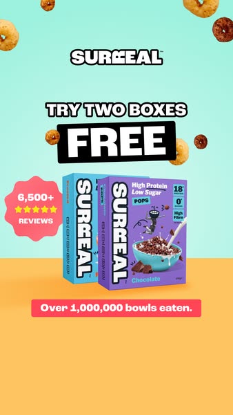 This ad for Surreal cereal offers viewers two free boxes to try. It highlights the brand name and product features, incl