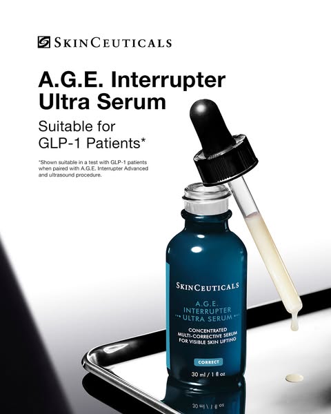 This ad promotes SkinCeuticals A.G.E. Interrupter Ultra Serum, highlighting its suitability for GLP-1 patients and its c