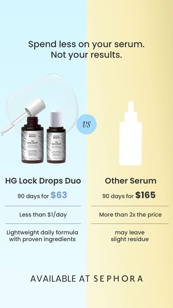 This is a product comparison ad for HG Lock Drops Duo serum. The ad compares the product against other serums, highlight