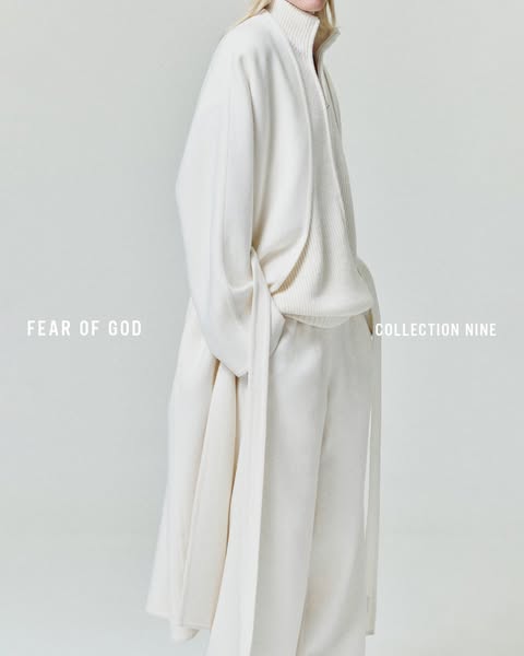 This ad showcases a cream-colored Fear of God outfit from Collection Nine, including a zip-up sweater and matching trous