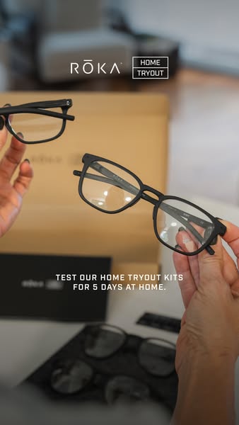 This ad showcases the ROKA Home Tryout Kit, which allows customers to try out glasses at home for 5 days. The ad feature