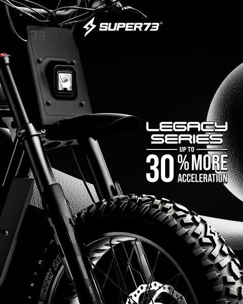 This ad showcases the SUPER73 Legacy Series electric motorbike, highlighting its increased acceleration.
