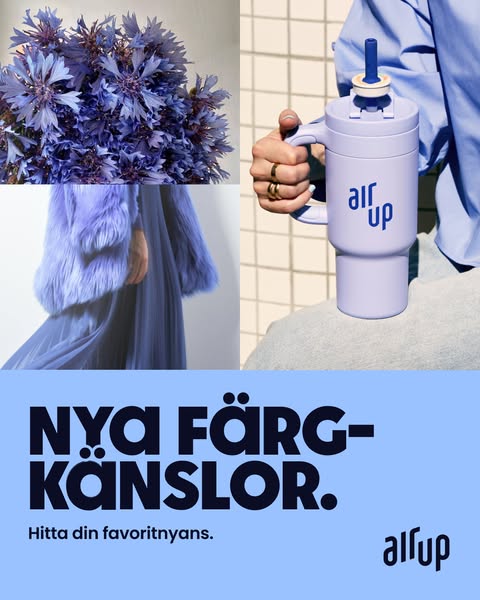 This ad showcases the air up water bottle in a monochromatic lilac color scheme. The visuals are tied together through c