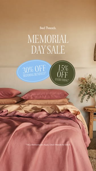 This image ad for Bed Threads promotes a Memorial Day Sale, highlighting discounts on bedding bundles and everything els