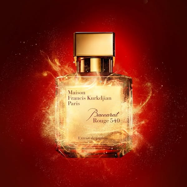 A glamour shot of a Baccarat Rouge 540 fragrance bottle. The image is retouched with glints of gold light particles to s