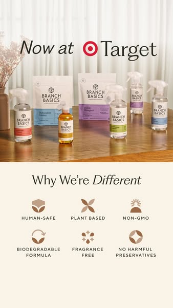 This image advertises Branch Basics cleaning products, now available at Target. It presents the brand as a safe, plant-b