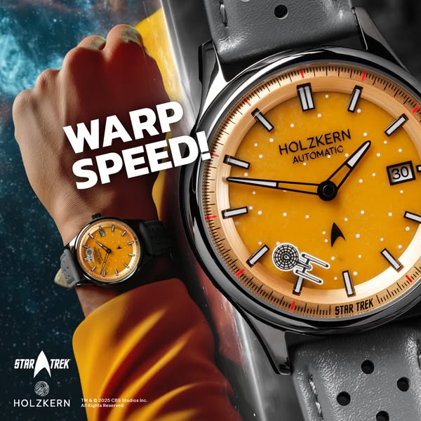 This ad promotes the HolzKern Star Trek watch, highlighting its unique design and automatic functionality with a visuall