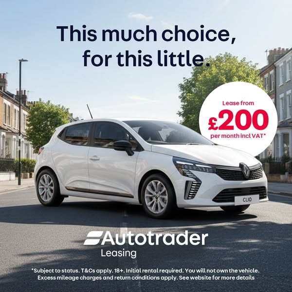 This ad for Autotrader promotes car leasing. It features a white car in a suburban setting, with a large headline promis