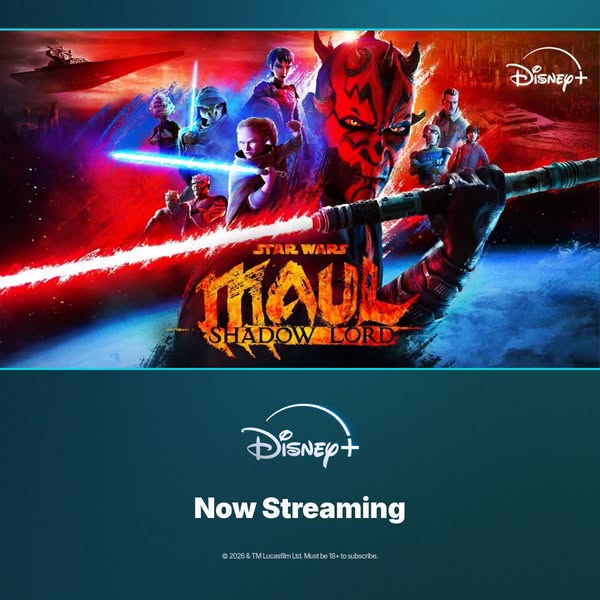 This image promotes the series Star Wars: Maul Shadow Lord streaming on Disney+. The top of the ad features characters f
