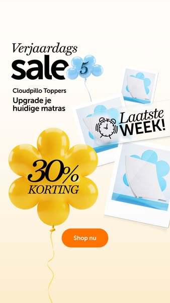 This ad is promoting Cloudpillo toppers with a sale for their anniversary. The sale is '30% KORTING' and is for 