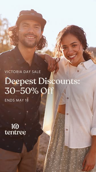 This image ad promotes Tentree clothing, showcasing a Victoria Day sale with discounts ranging from 30-50% off, ending o