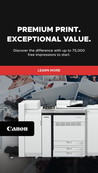 This image ad for Canon highlights the premium print quality and exceptional value of its printers, offering up to 75,00