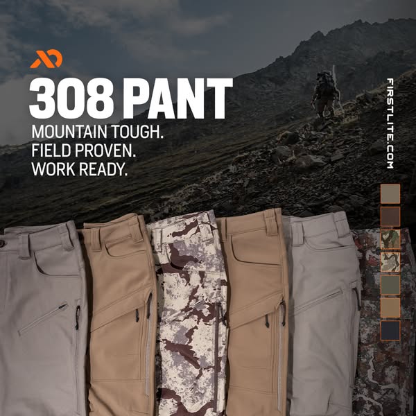 This ad showcases First Lite's 308 Pant, emphasizing its durability and suitability for mountain and work environmen