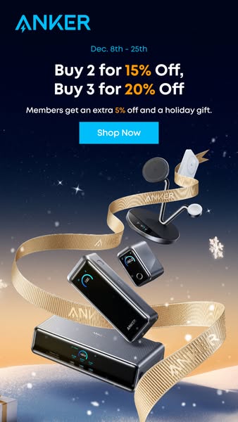 This ad promotes Anker products as holiday gifts, offering discounts for bulk purchases and additional perks for members