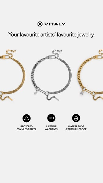 This ad showcases Vitaly's jewelry, highlighting its appeal to artists and its key features: recycled stainless stee
