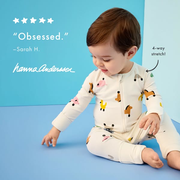 This image ad features a baby wearing a Hanna Andersson sleeper, along with a customer testimonial about the product.