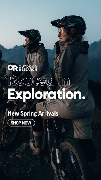 This image ad for Outdoor Research promotes their new spring arrivals, featuring people mountain biking in outdoor appar