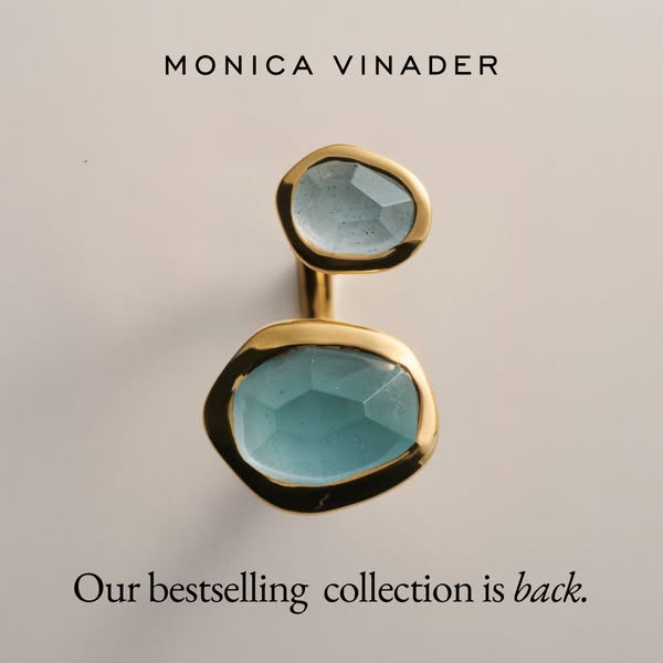 This image ad for Monica Vinader features a close up of the brand's bestselling collection ring with light blue gems
