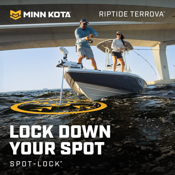 This ad showcases the Minn Kota Riptide Terrova trolling motor and its Spot-Lock feature, demonstrating how it can '