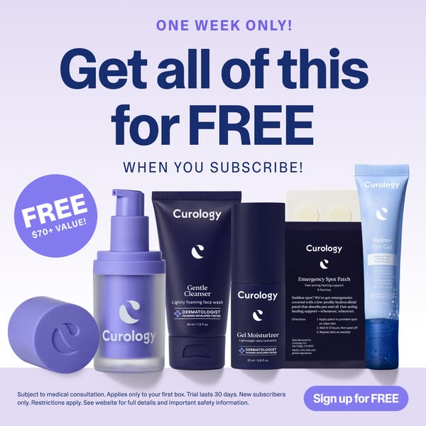 This ad showcases multiple Curology products, including cleanser, moisturizer and spot treatment patches. It promotes a 