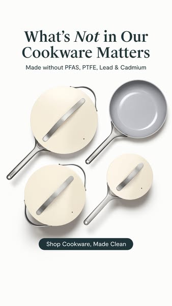 This ad shows cookware that is made without PFAS, PTFE, Lead & Cadmium, and has a CTA to shop the cookware.