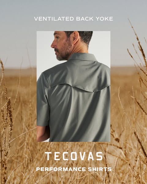 This image ad showcases Tecovas' performance shirts, highlighting the ventilated back yoke feature and targeting ind