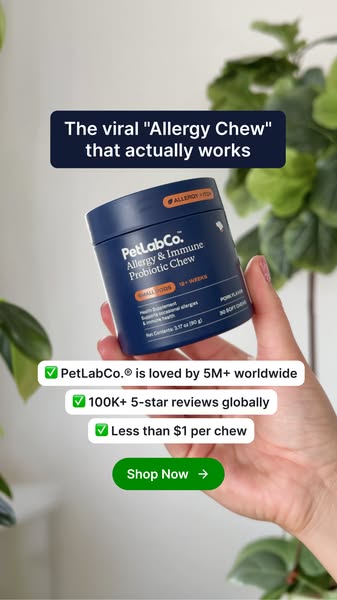 This ad showcases a container of PetLab Co. allergy and immune probiotic chews for dogs. The ad highlights the chews'