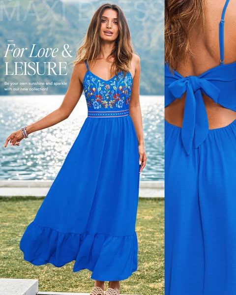 This ad showcases a blue maxi dress with floral embroidery, promoting a sense of love and leisure with the brand's n
