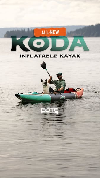 This ad showcases the BOTE KODA inflatable kayak in a lifestyle setting, featuring a man and his dog enjoying a day on t