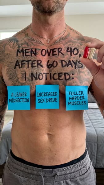 The image ad shows a man with a tattooed chest and abs, presenting a wellness supplement that improves male health. The 