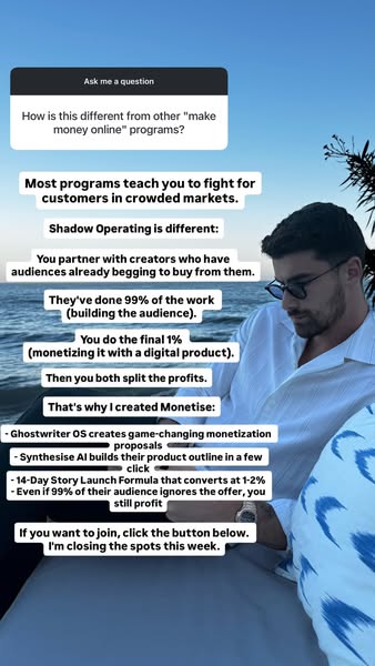 This ad promotes a different way to make money online compared to most programs that teach you to fight for customers in